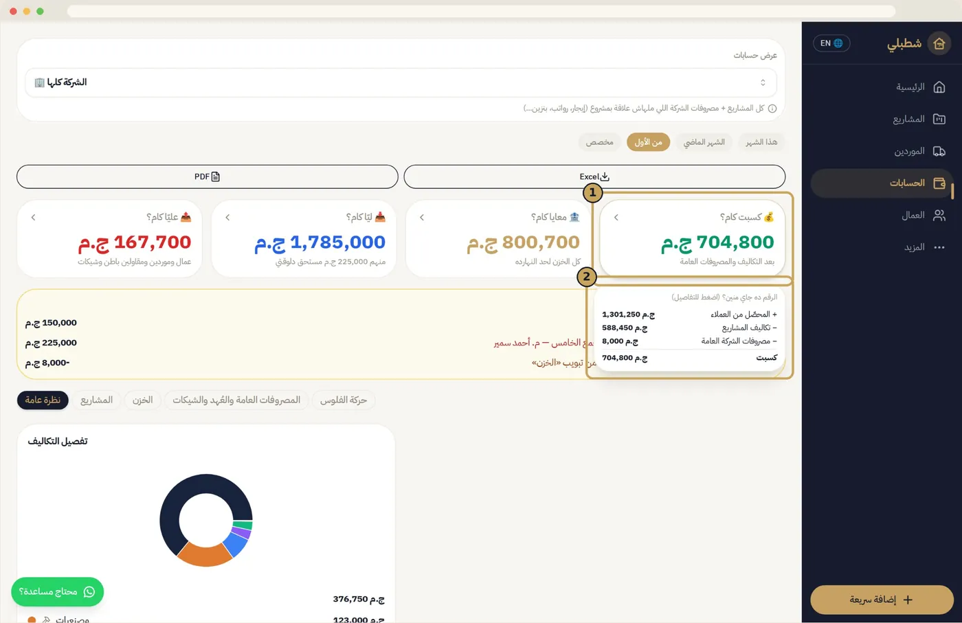الحسابات في 4 أسئلة — شاشة من تطبيق شطبلي
